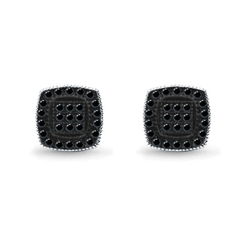 Square Cushion Shape Simulated Black CZ Stud Earrings Screw-Back Round Pave 925 Sterling Silver